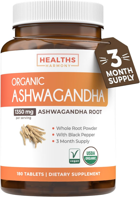 USDA Organic Ashwagandha Tablets (180 ct) - 1350mg Ashwagandha Root Powder with Black Pepper - Natural Adrenal, Cortisol, Thyroid & Immune Support - Vegetarian Friendly