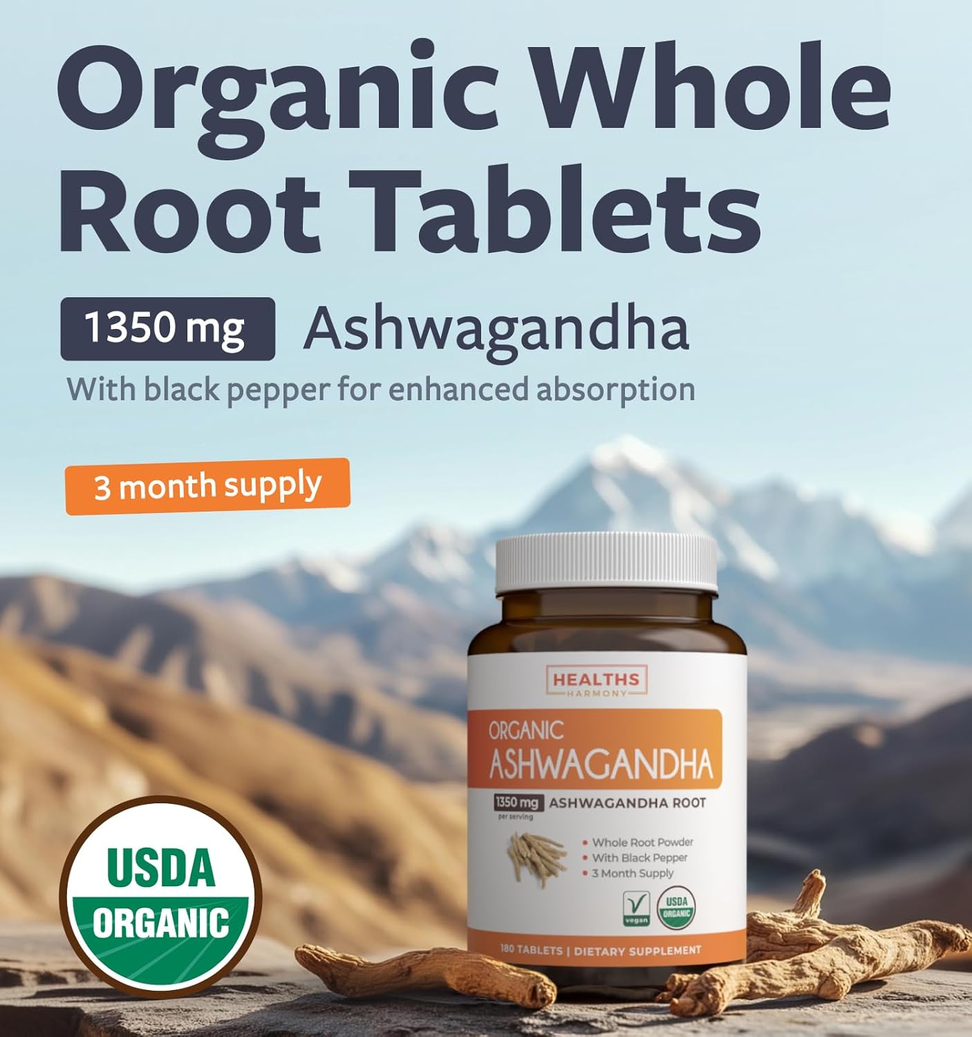 USDA Organic Ashwagandha Tablets (180 ct) - 1350mg Ashwagandha Root Powder with Black Pepper - Natural Adrenal, Cortisol, Thyroid & Immune Support - Vegetarian Friendly