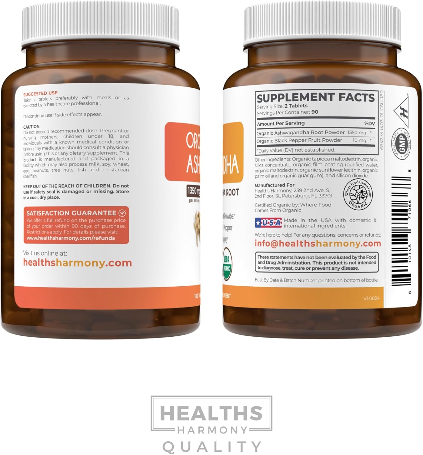 USDA Organic Ashwagandha Tablets (180 ct) - 1350mg Ashwagandha Root Powder with Black Pepper - Natural Adrenal, Cortisol, Thyroid & Immune Support - Vegetarian Friendly