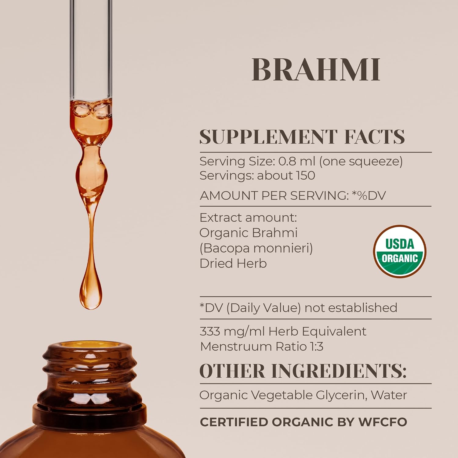 USDA Organic Brahmi Herbal Drops | Alcohol-Free Tincture Supplement - 4 oz