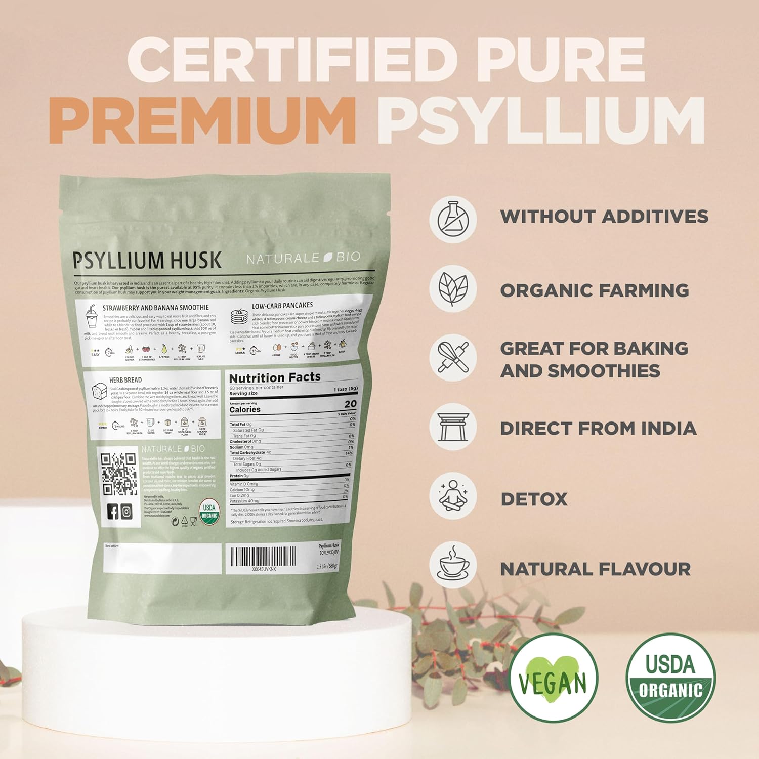 USDA Organic Certified Whole Psyllium Husk - 1.5lbs - 99% Pure Seed Husks - Fiber Supplement for Gluten Free, Keto, Paleo, Vegan Diets