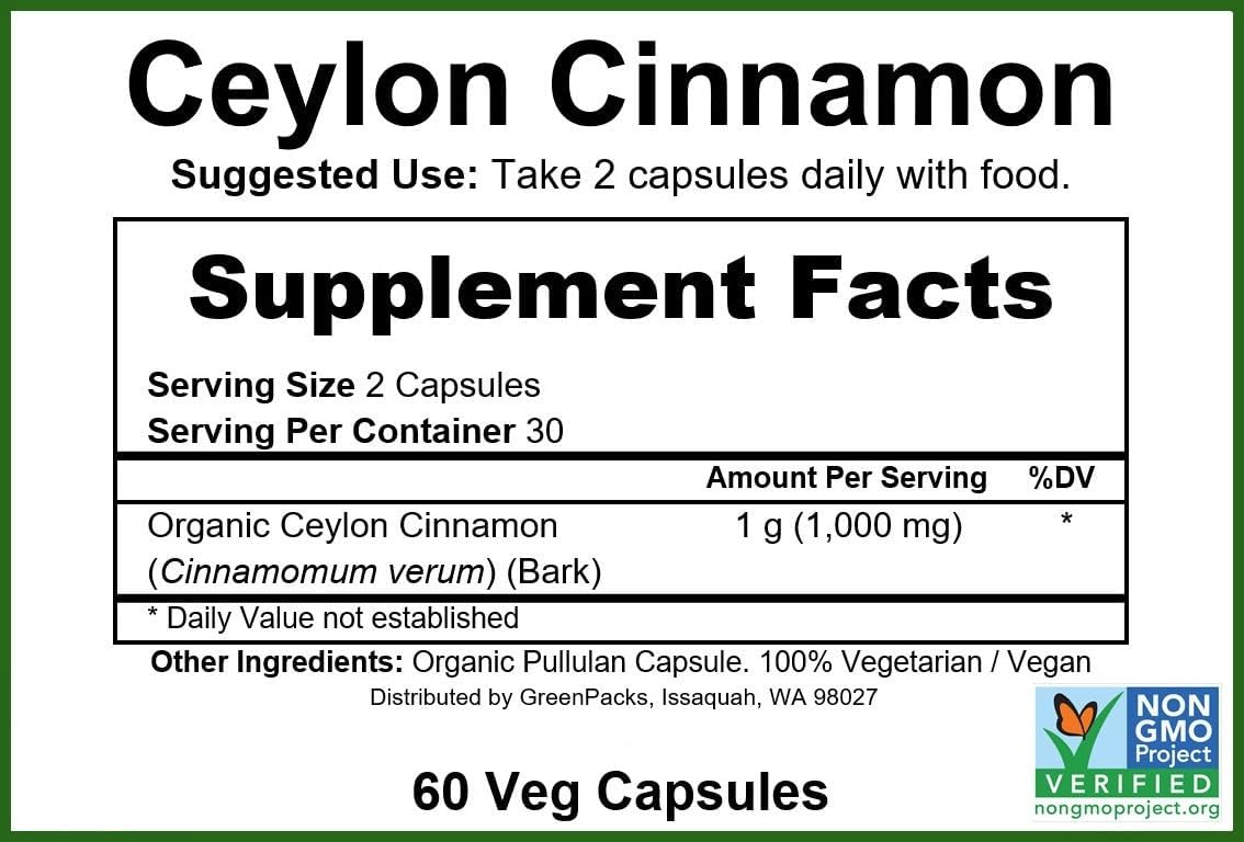 USDA Organic Ceylon Cinnamon Capsules by GreenPacks® - Non-GMO Supplement (60 Capsules)