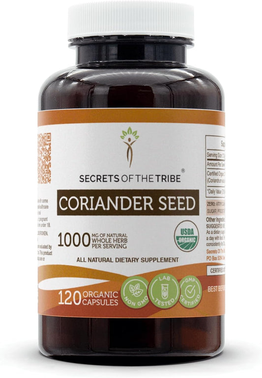 USDA Organic Coriander Seed Capsules by Secrets of the Tribe - 120 Vegetable Capsules