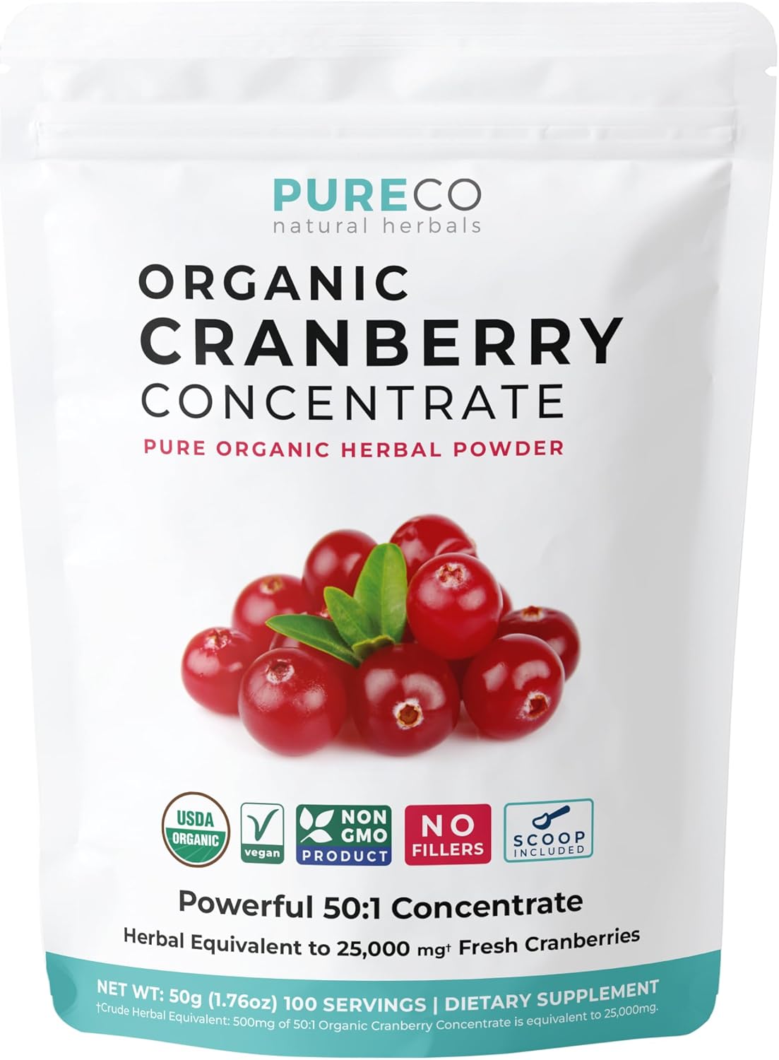 USDA Organic Cranberry Concentrate Powder (50:1) - 500mg = 25,000mg Fresh Cranberries - Kidney Cleanse & UTI Support - Women's Vitamins - 100 Servings - No Pills