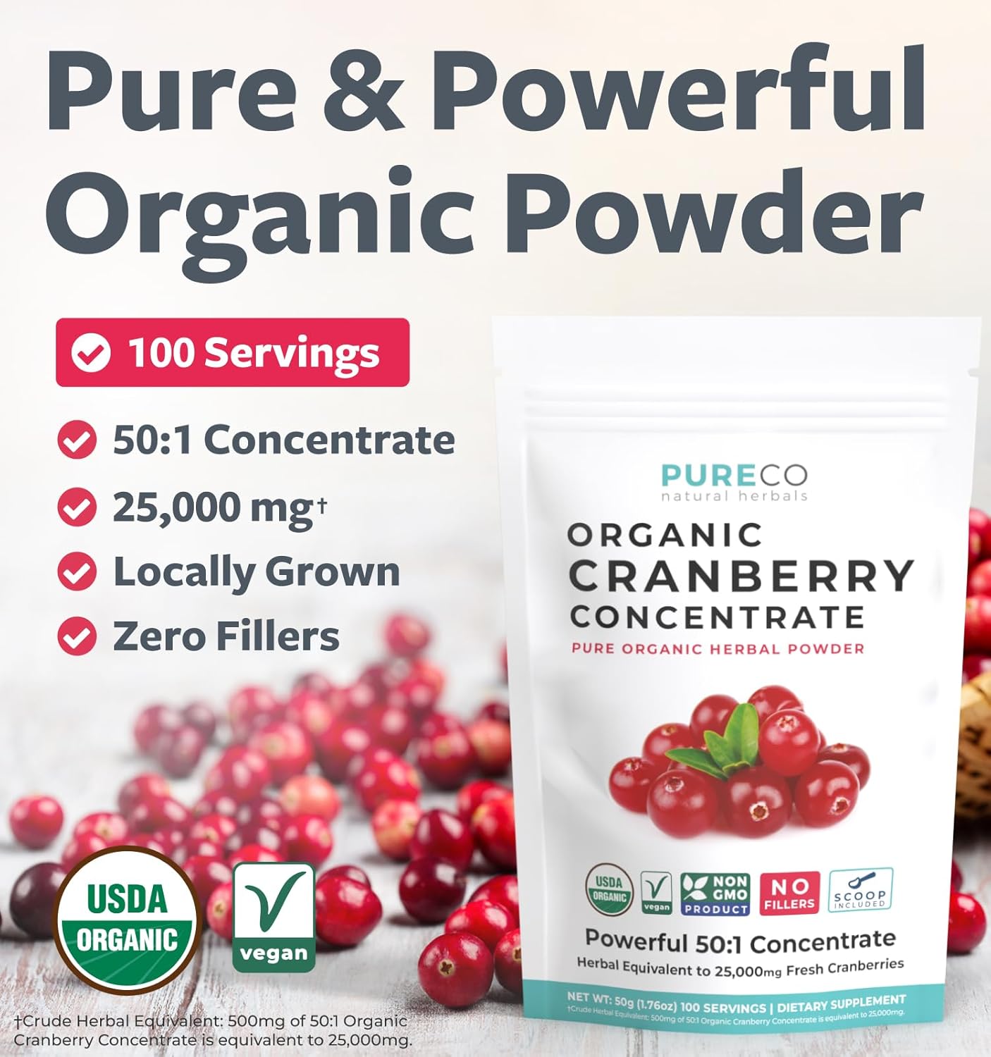 USDA Organic Cranberry Concentrate Powder (50:1) - 500mg = 25,000mg Fresh Cranberries - Kidney Cleanse & UTI Support - Women's Vitamins - 100 Servings - No Pills