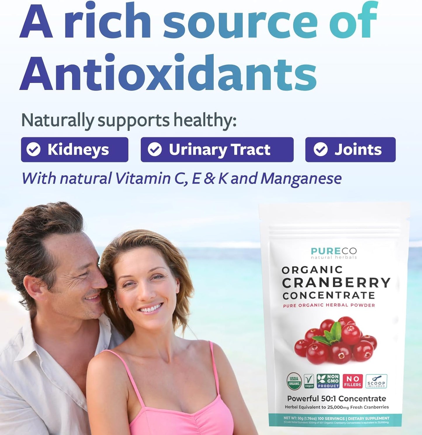 USDA Organic Cranberry Concentrate Powder (50:1) - 500mg = 25,000mg Fresh Cranberries - Kidney Cleanse & UTI Support - Women's Vitamins - 100 Servings - No Pills