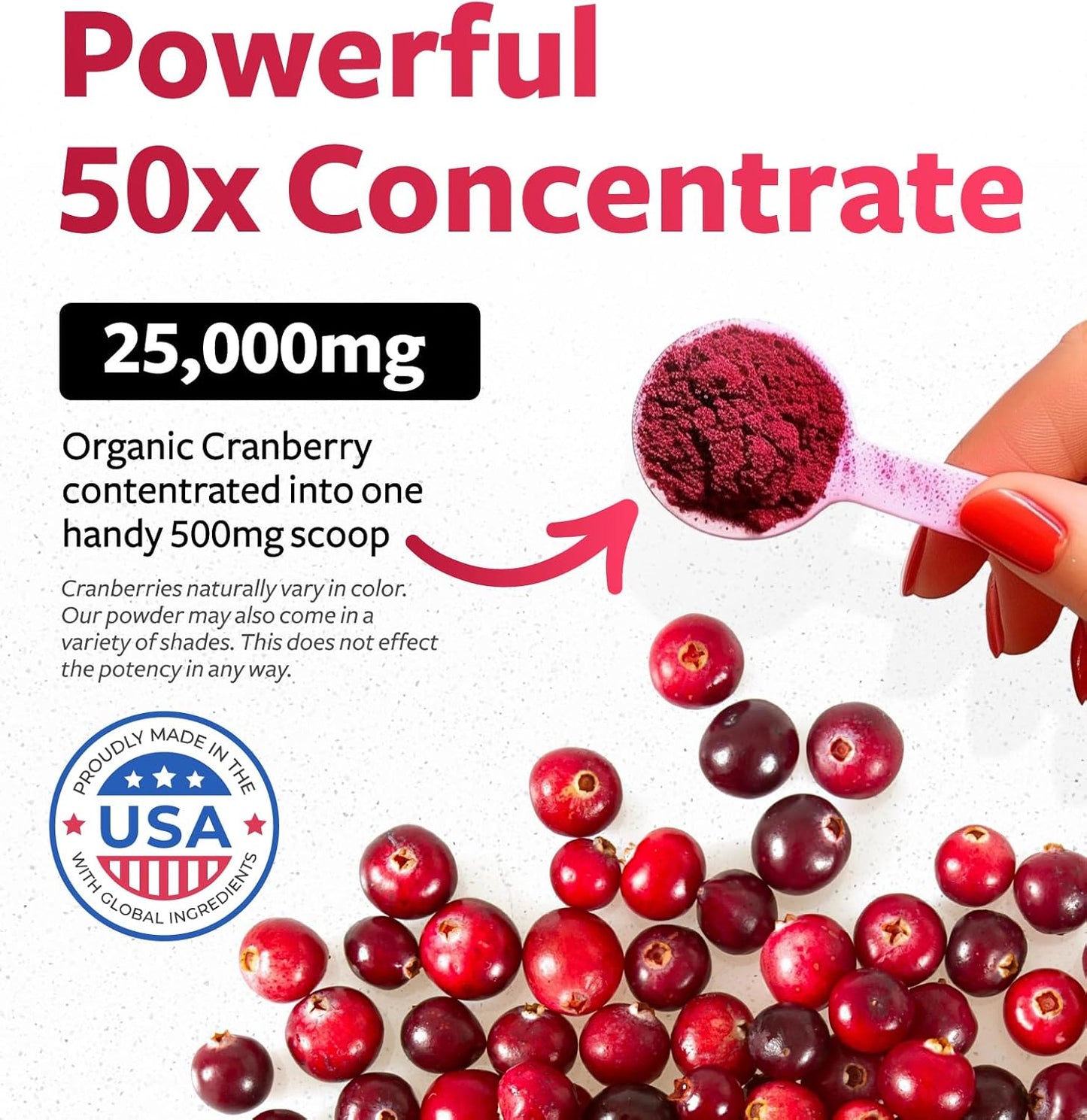 USDA Organic Cranberry Concentrate Powder (50:1) - 500mg = 25,000mg Fresh Cranberries - Kidney Cleanse & UTI Support - Women's Vitamins - 100 Servings - No Pills