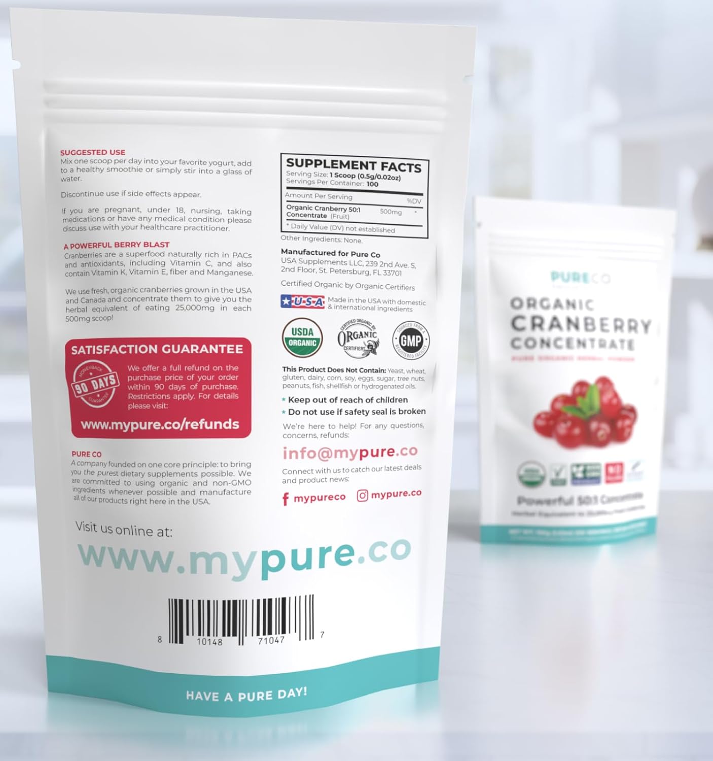 USDA Organic Cranberry Concentrate Powder (50:1) - 500mg = 25,000mg Fresh Cranberries - Kidney Cleanse & UTI Support - Women's Vitamins - 100 Servings - No Pills