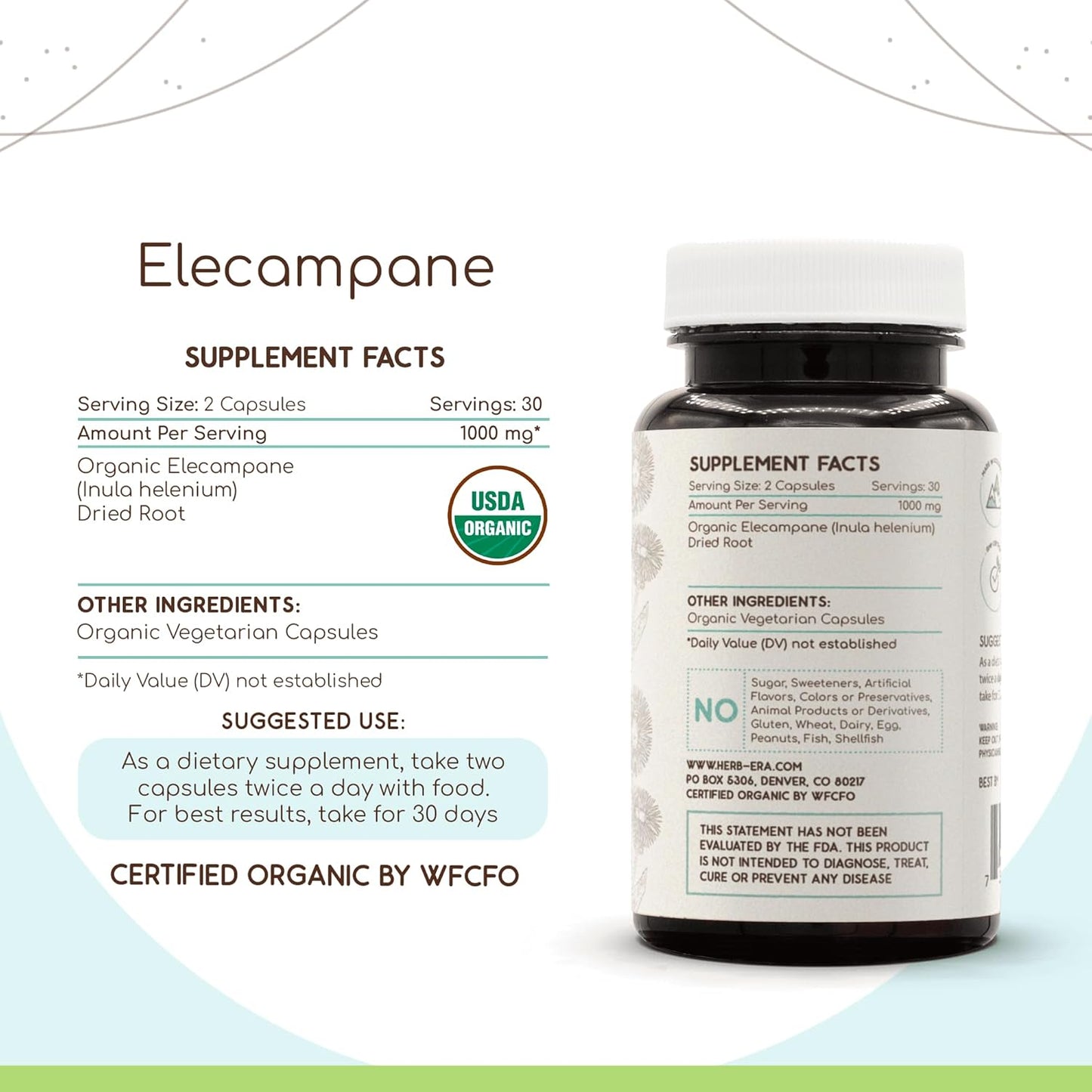 USDA Organic Elecampane Root Capsules - 60 Count, 500mg - HerbEra Elecampane Dietary Supplement