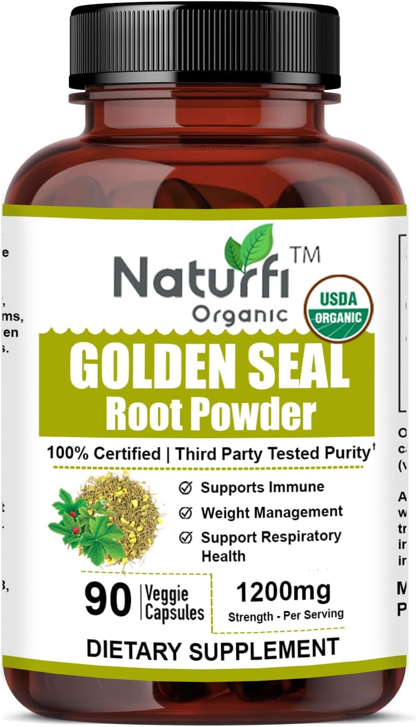 USDA Organic Goldenseal Root Powder Capsules - 90 Count, Lab Tested Natural Supplement by Naturfi