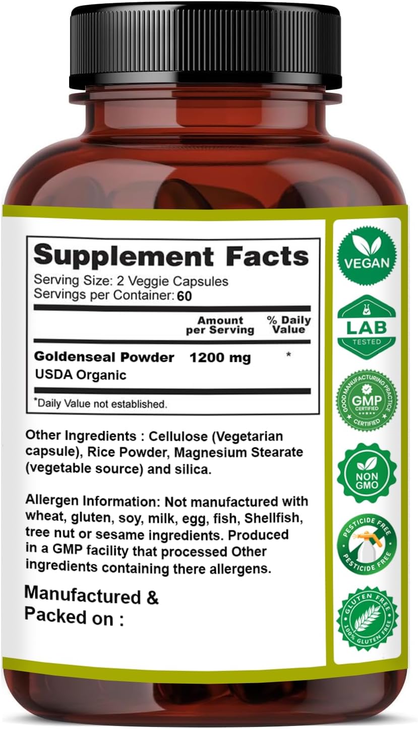 USDA Organic Goldenseal Root Powder Capsules - 90 Count, Lab Tested Natural Supplement by Naturfi