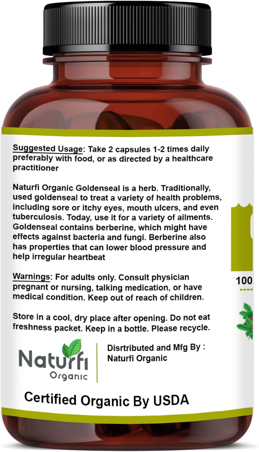 USDA Organic Goldenseal Root Powder Capsules - 90 Count, Lab Tested Natural Supplement by Naturfi