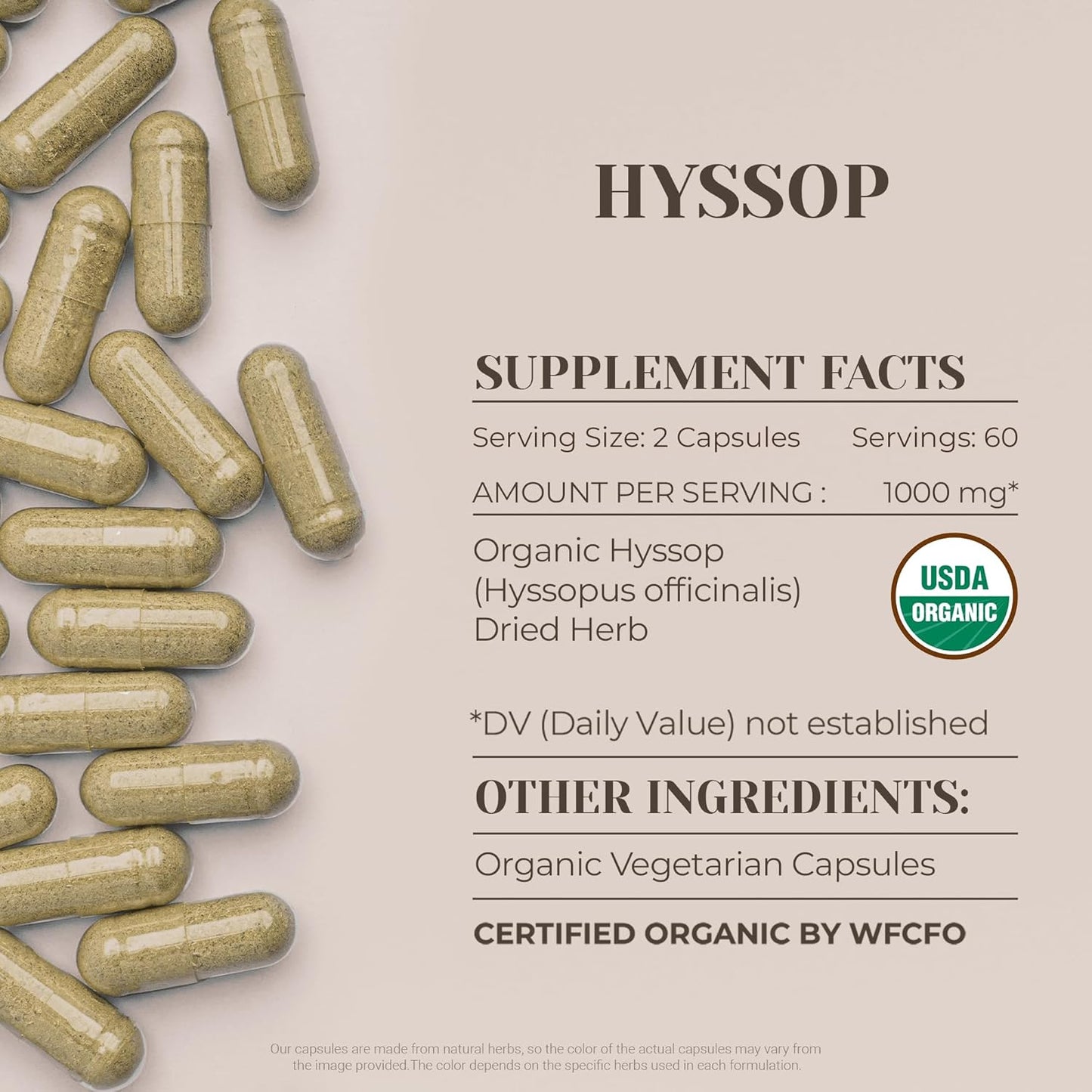 USDA Organic Hyssop 120 Capsules | High-Potency Herbal Dietary Supplement | Vegetable Capsules, Hyssop Officinalis Dried Herb