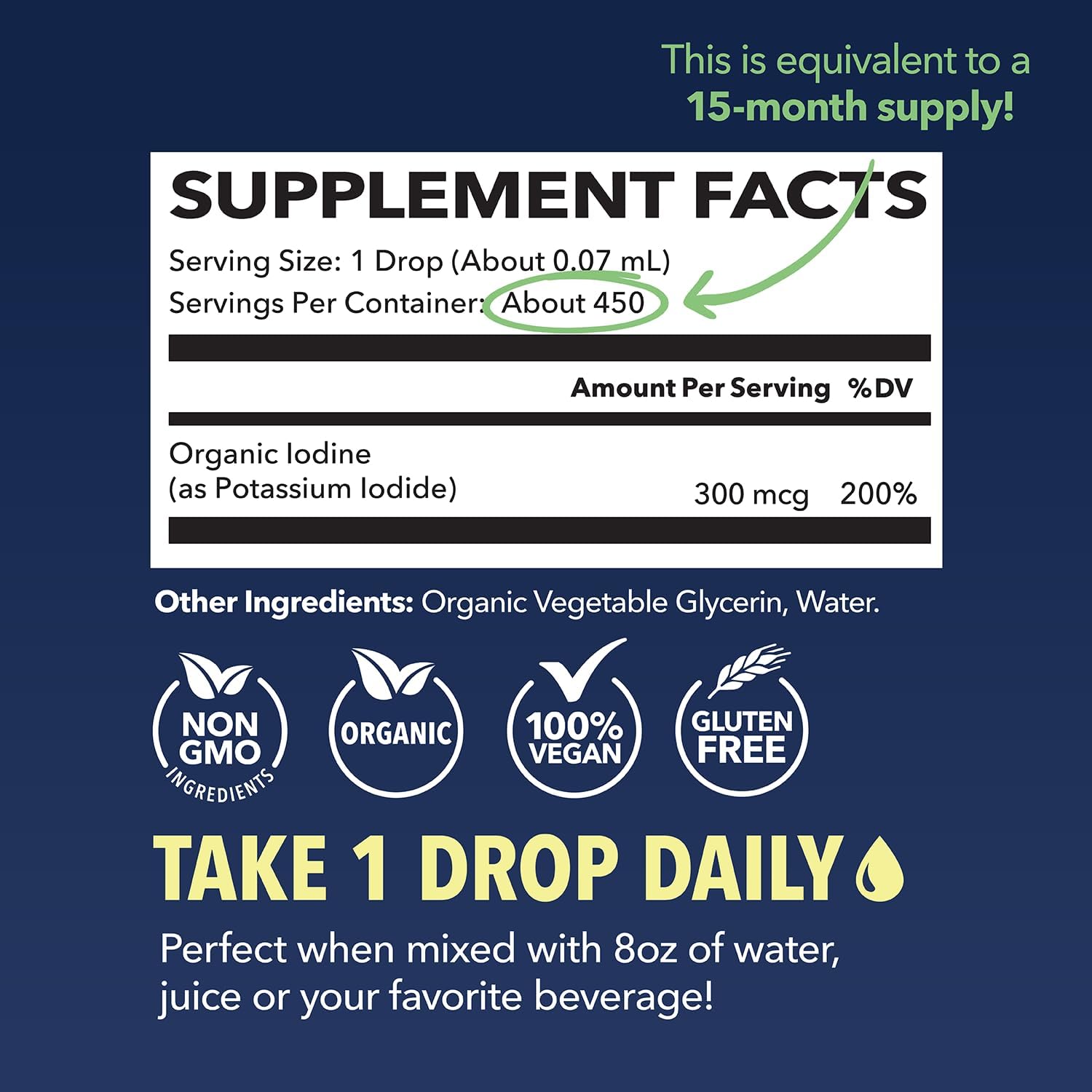 USDA Organic Iodine Liquid Drops for Thyroid Health & Hormone Balance - 1-Year Supply - 1 Fl Oz - Vegan, Non-GMO, Gluten-Free