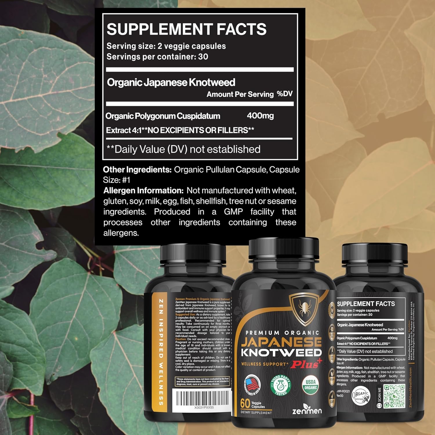 USDA Organic Japanese Knotweed Capsules - Pure Resveratrol Source - Immune System Support - 60 Capsules, Made in USA