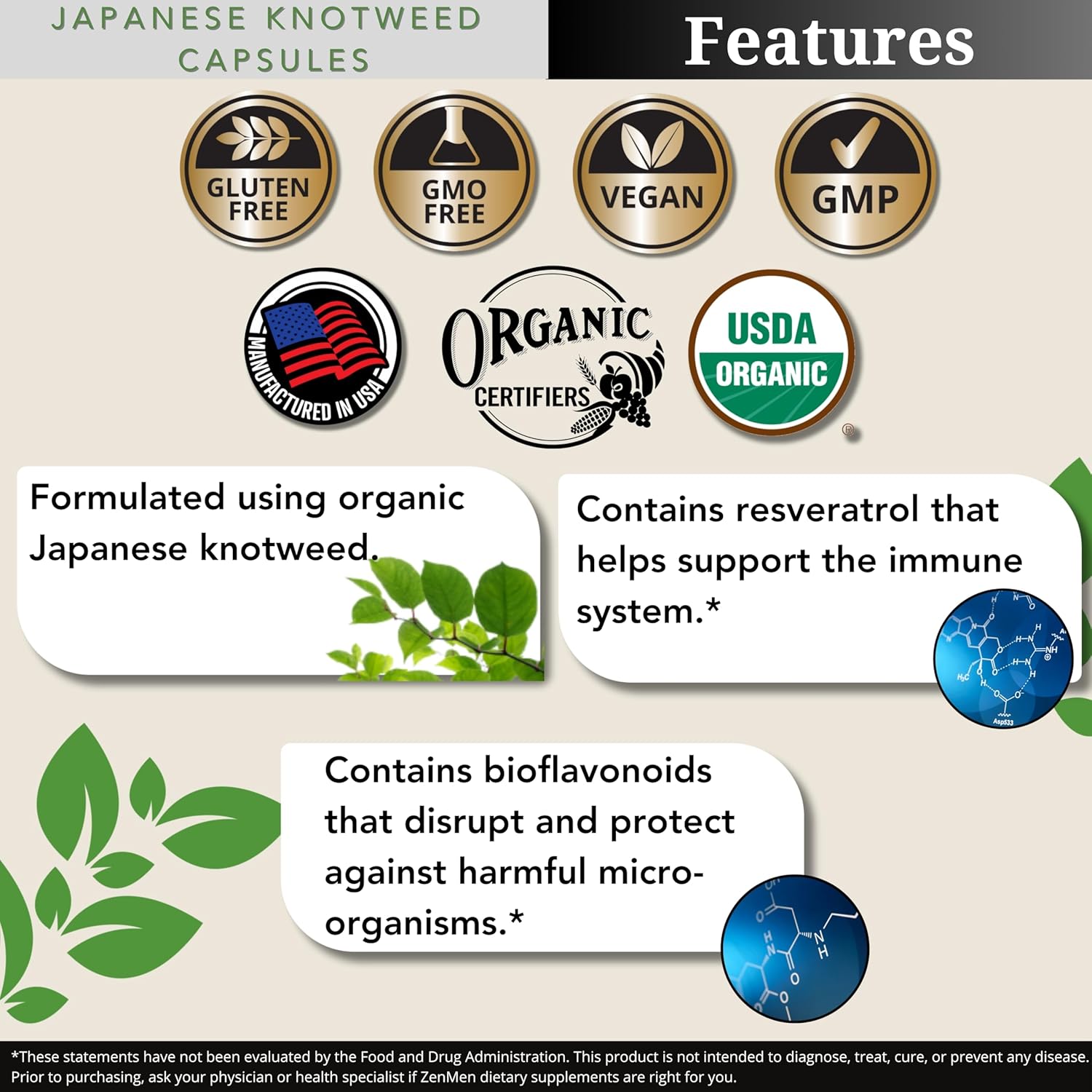 USDA Organic Japanese Knotweed Capsules - Pure Resveratrol Source - Immune System Support - 60 Capsules, Made in USA