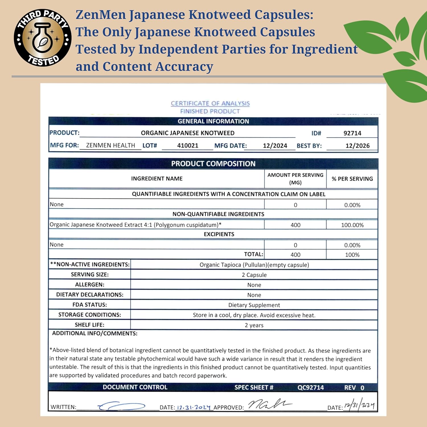 USDA Organic Japanese Knotweed Capsules - Pure Resveratrol Source - Immune System Support - 60 Capsules, Made in USA