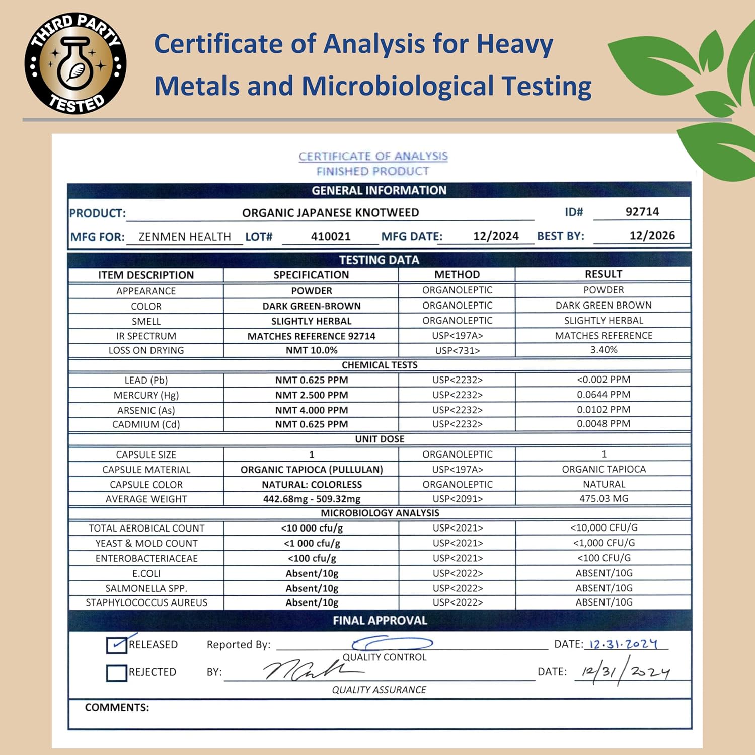 USDA Organic Japanese Knotweed Capsules - Pure Resveratrol Source - Immune System Support - 60 Capsules, Made in USA