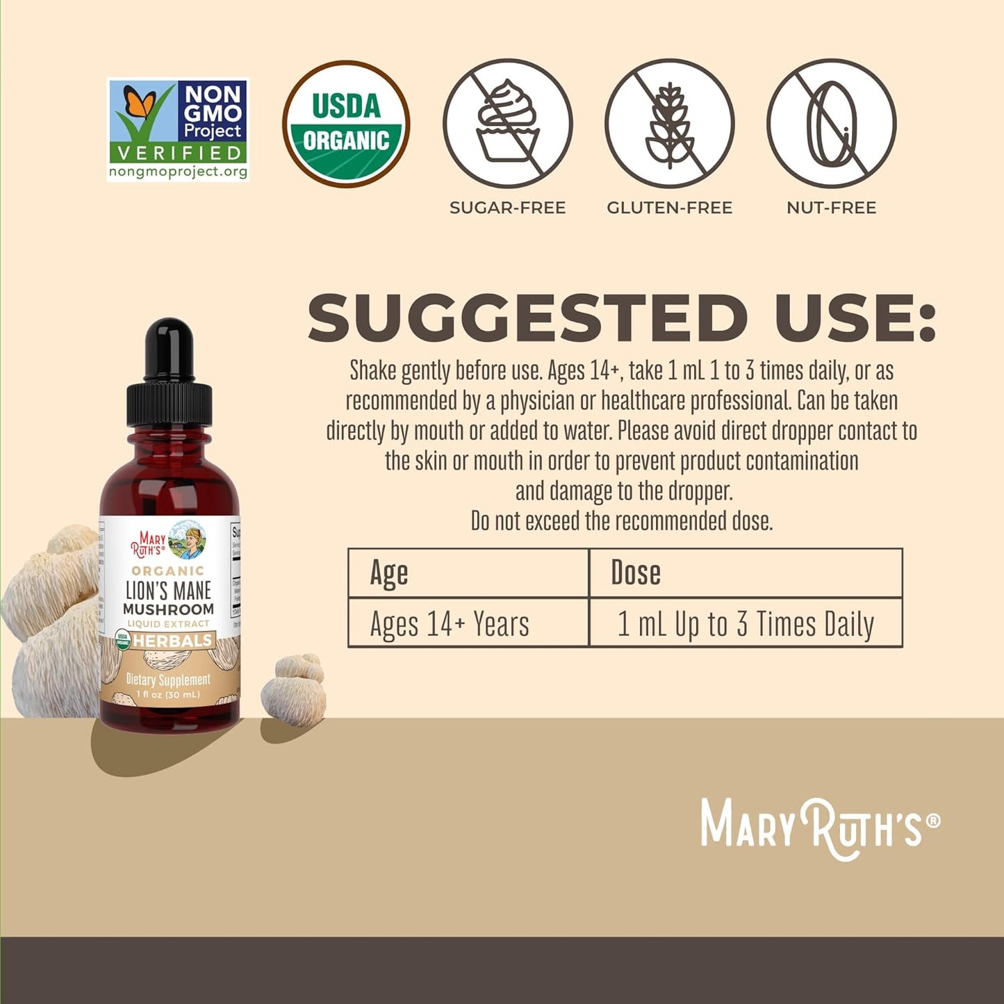 USDA Organic Lions Mane Mushroom Supplement for Brain Health - 2 Month Supply - Non-GMO Vegan Liquid Drops - Alcohol-Free Tincture