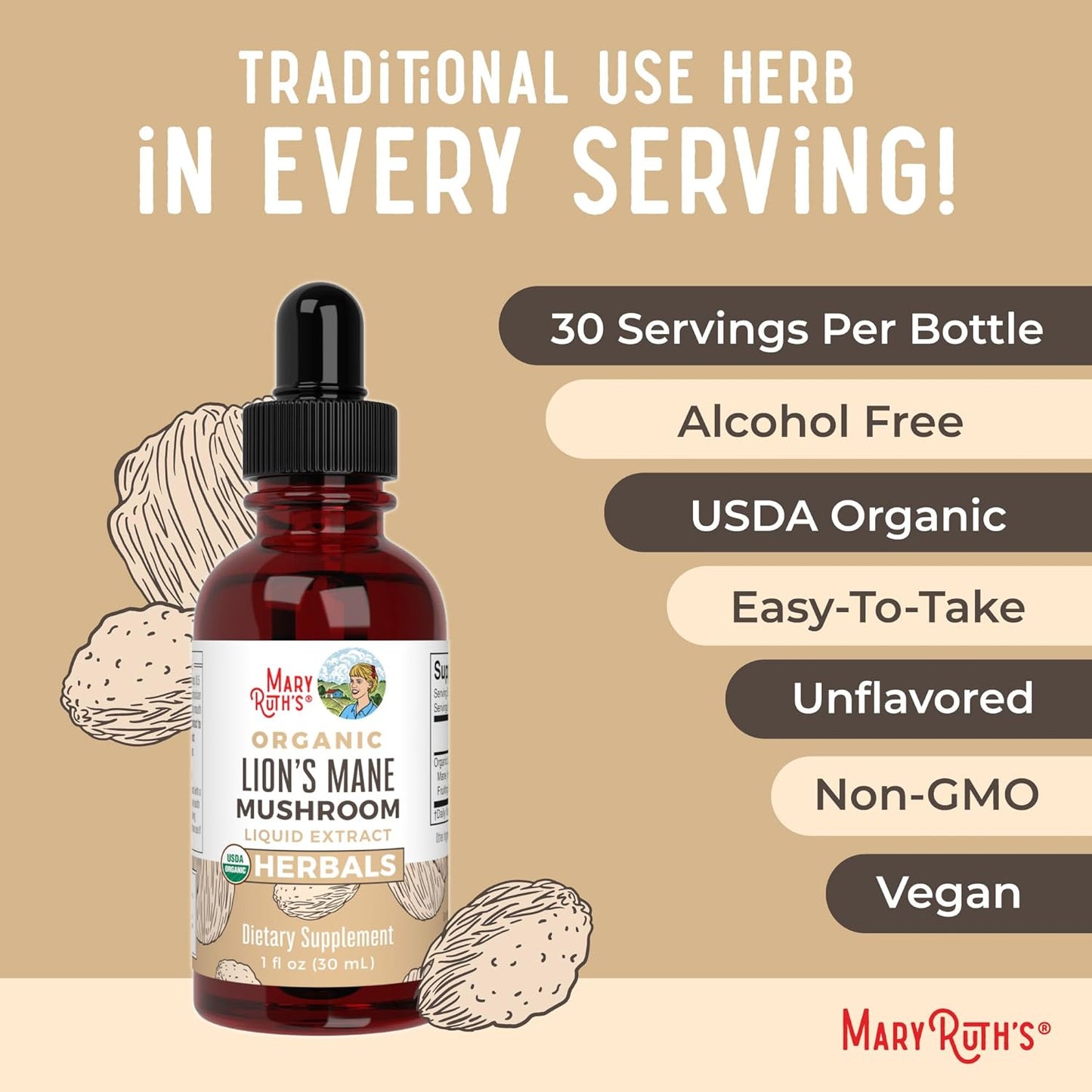 USDA Organic Lions Mane Mushroom Supplement for Brain Health - 2 Month Supply - Non-GMO Vegan Liquid Drops - Alcohol-Free Tincture