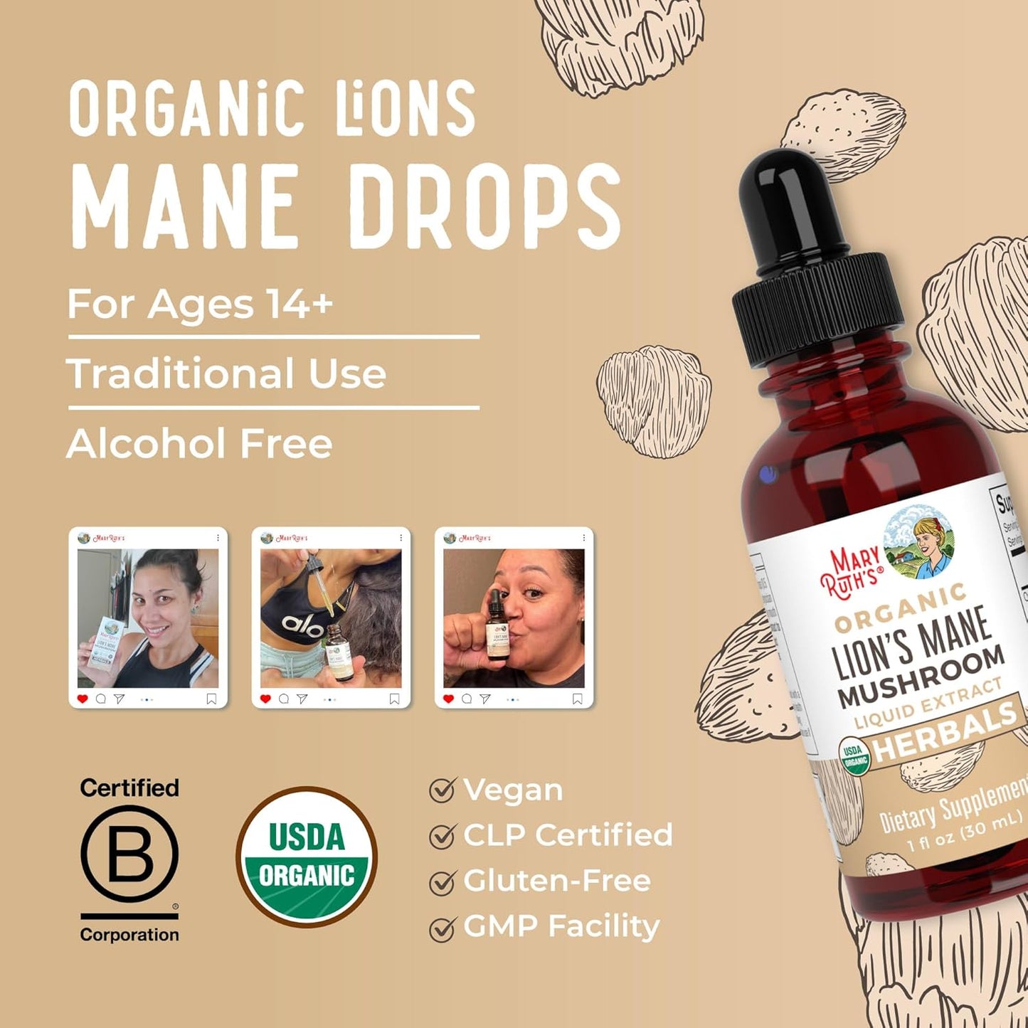 USDA Organic Lions Mane Mushroom Supplement for Brain Health - 2 Month Supply - Non-GMO Vegan Liquid Drops - Alcohol-Free Tincture