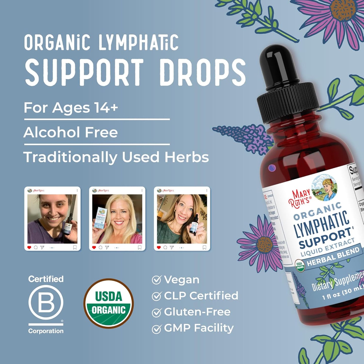 USDA Organic Lymphatic Support Drops with Echinacea & Elderberry - Immune Boosting Supplement for Vegan & Non-GMO Diets - 30 Servings