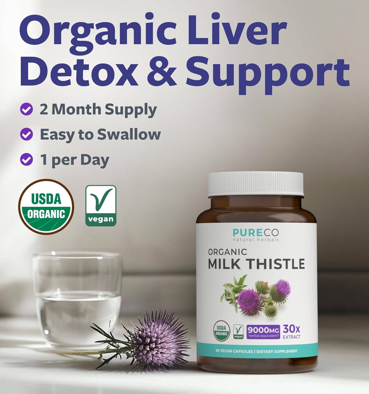 USDA Organic Milk Thistle Capsules - 80% Silymarin Liver Support Supplement - 300mg Super Concentrated Extract - 60 Day Supply