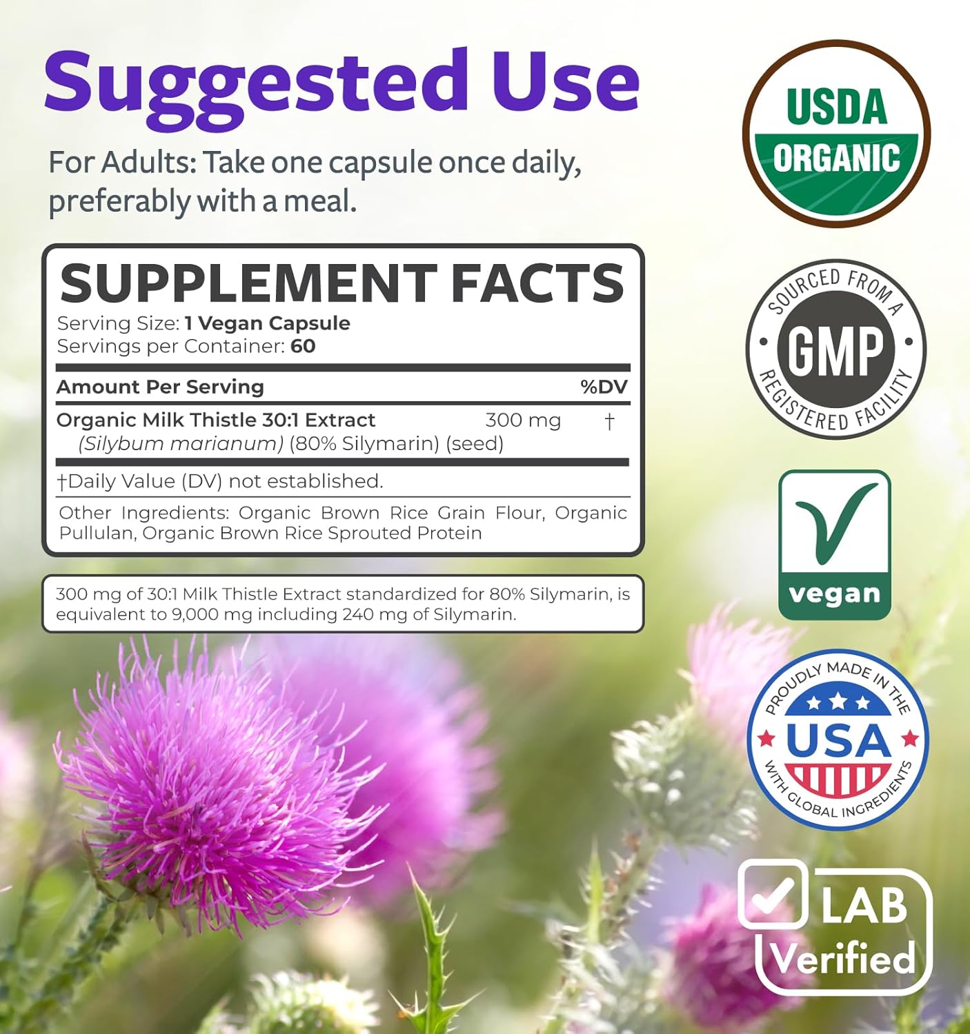 USDA Organic Milk Thistle Capsules - 80% Silymarin Liver Support Supplement - 300mg Super Concentrated Extract - 60 Day Supply
