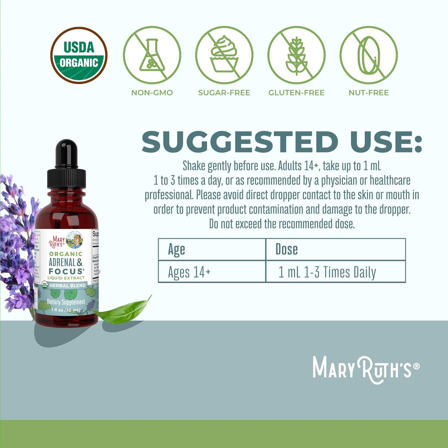 USDA Organic Nootropic Focus Supplement with Ginkgo Biloba for Brain, Memory, and Adrenal Support by MaryRuth Organics