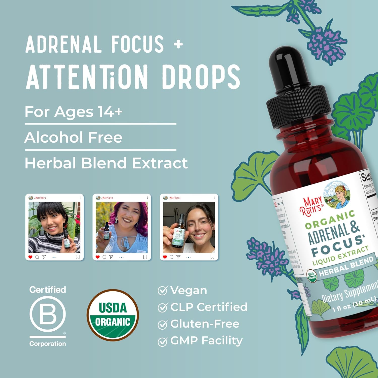 USDA Organic Nootropic Focus Supplement with Ginkgo Biloba for Brain, Memory, and Adrenal Support by MaryRuth Organics
