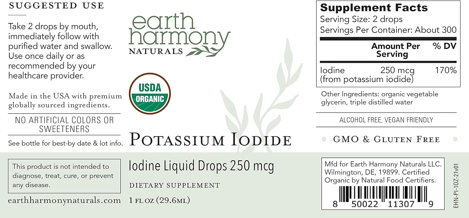 USDA Organic Potassium Iodide Liquid Supplement 2-Pack - 250 mcg (1-Year Supply) - Supports Thyroid Gland, Iodine Levels - More Bioavailable Than Tablets - 1 Fl Oz