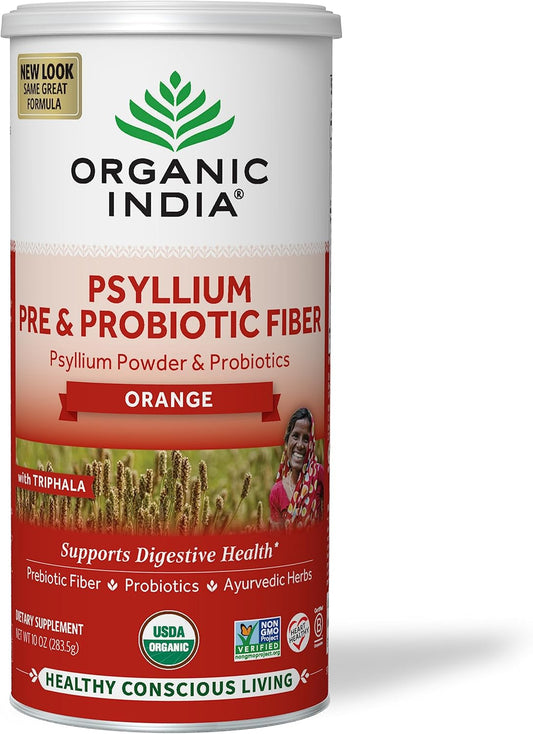 USDA Organic Psyllium Husk Powder Supplement - Orange Flavored, Vegan & Gluten Free, Whole Psyllium Husk Fiber with Pre & Probiotics - 10 Oz
