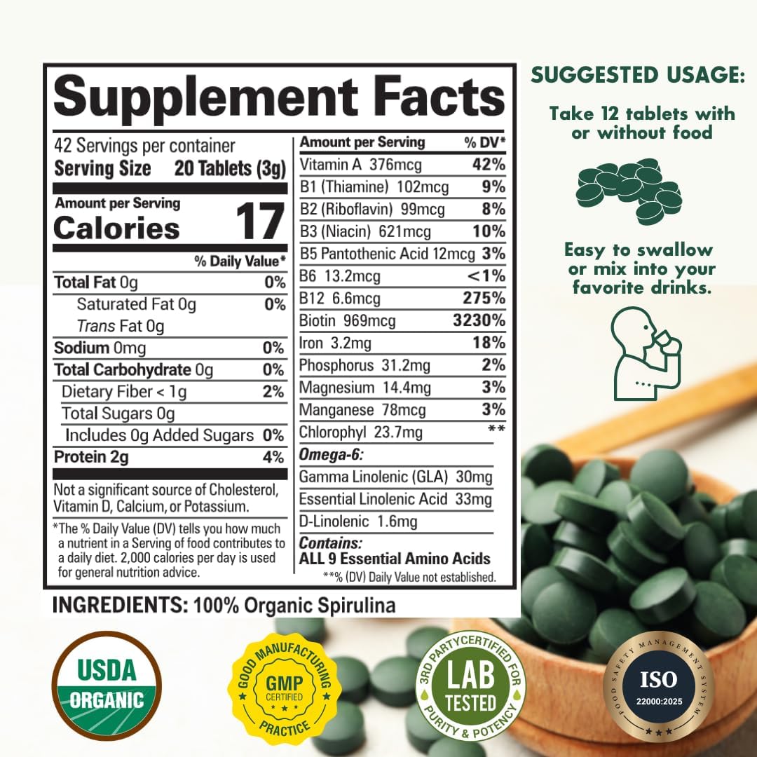 USDA Organic Spirulina Tablets for Immune Support and Energy Boost - Vegan Superfood with Chlorophyll and High Protein - Non GMO Green Organics Tablets