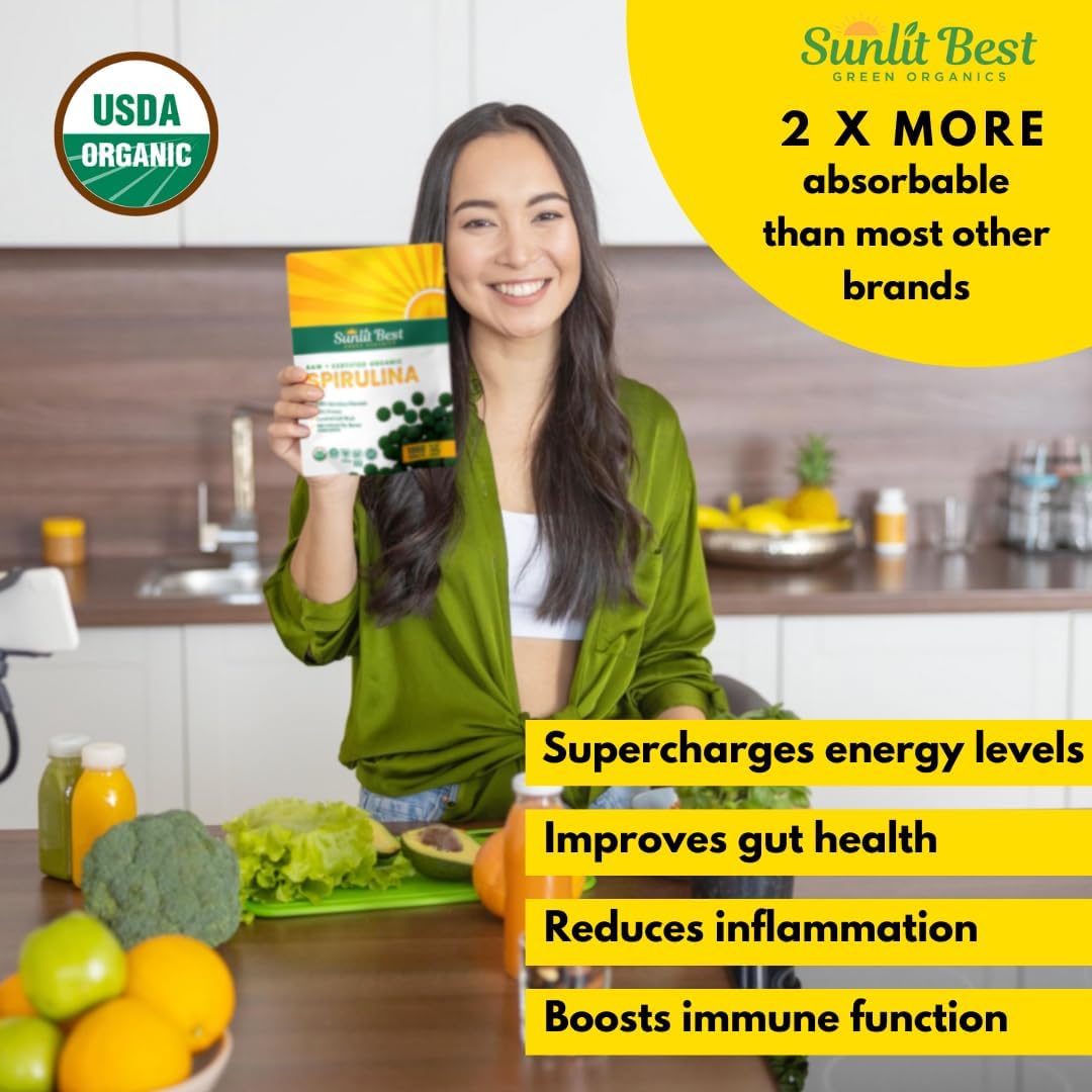 USDA Organic Spirulina Tablets for Immune Support and Energy Boost - Vegan Superfood with Chlorophyll and High Protein - Non GMO Green Organics Tablets