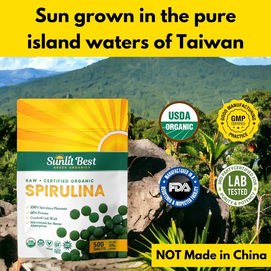 USDA Organic Spirulina Tablets for Immune Support and Energy Boost - Vegan Superfood with Chlorophyll and High Protein - Non GMO Green Organics Tablets