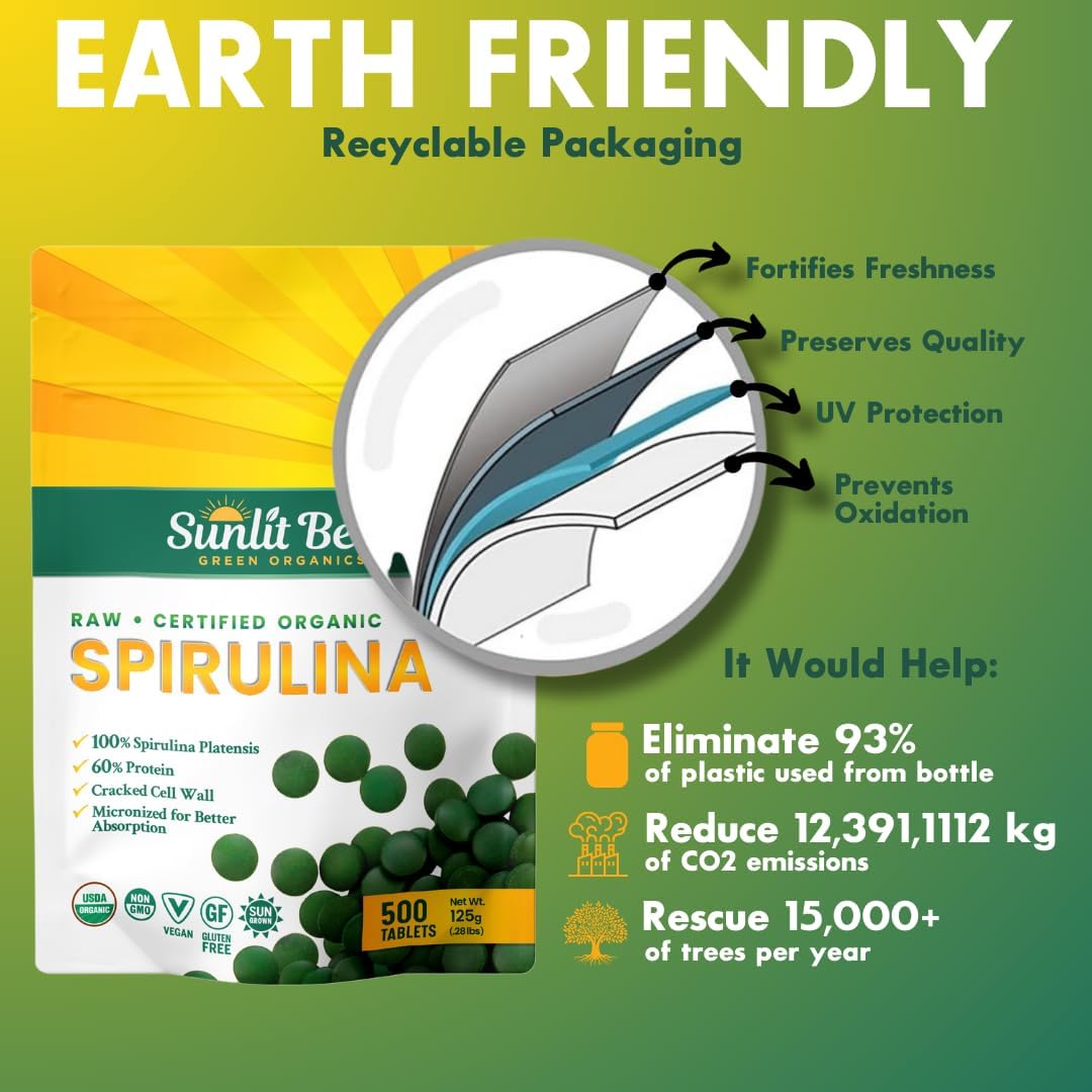 USDA Organic Spirulina Tablets for Immune Support and Energy Boost - Vegan Superfood with Chlorophyll and High Protein - Non GMO Green Organics Tablets