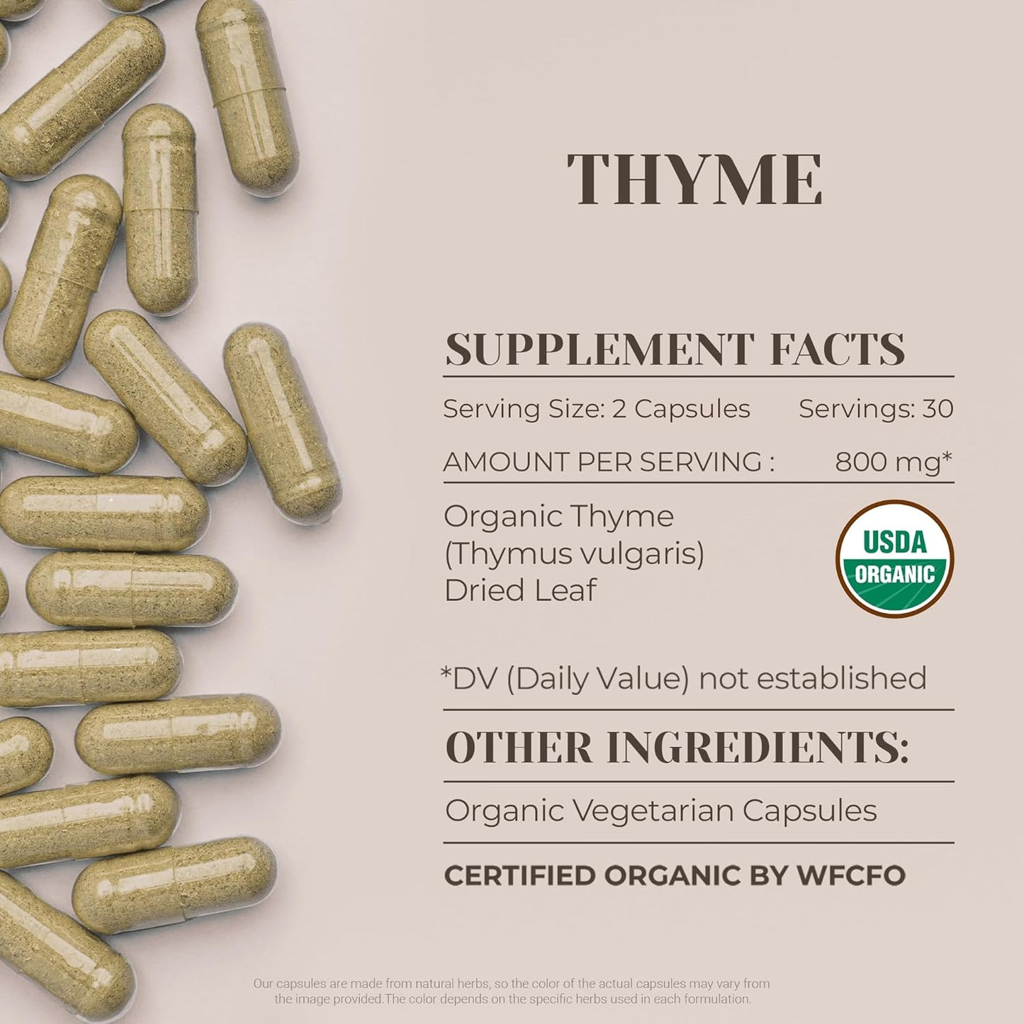 USDA Organic Thyme Capsules | High-Potency Natural Supplement | Certified Organic Vegetarian Capsules | Dried Thyme Leaf (60 Capsules)