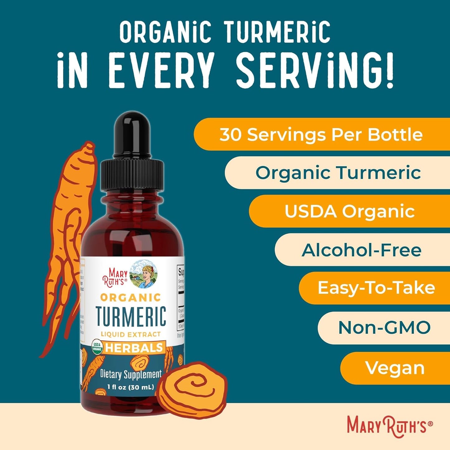 USDA Organic Turmeric Curcumin Liquid Drops | Joint & Liver Support | Non-GMO & Vegan | 1 Fl Oz