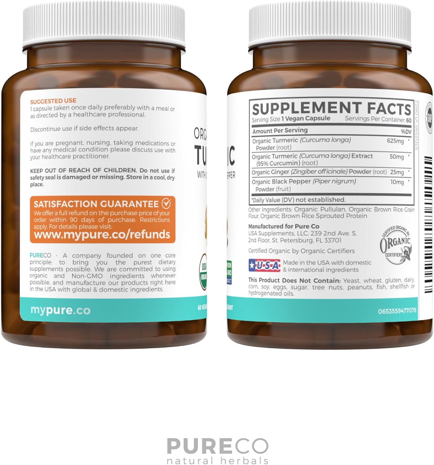 USDA Organic Turmeric Curcumin with Black Pepper and Ginger - Joint Support Supplement - 2 Month Supply - Vegan Capsules - Pure Turmeric Supplement