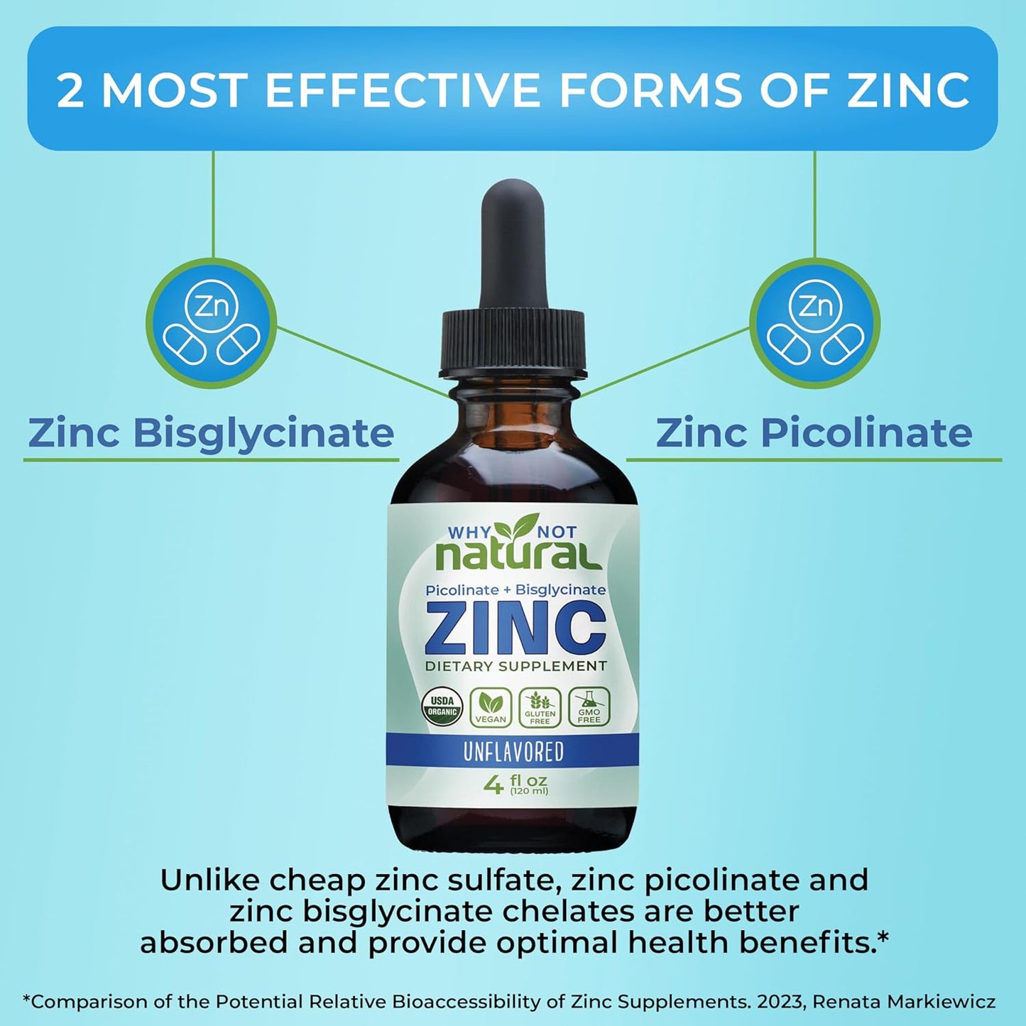 USDA Organic Vegan Liquid Zinc Drops Supplement with Chelated Zinc Picolinate - Natural and Organic