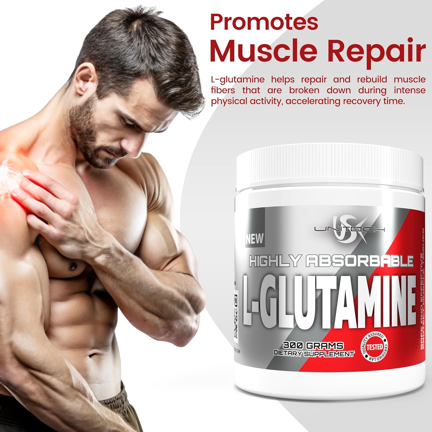 USK Unitech L-Glutamine Powder - Boost Muscle Recovery, Protein Synthesis, Digestive Health, Immunity, & pH Balance - Amino Acid Supplement for Fitness - 300g Easy-to-Mix Formula