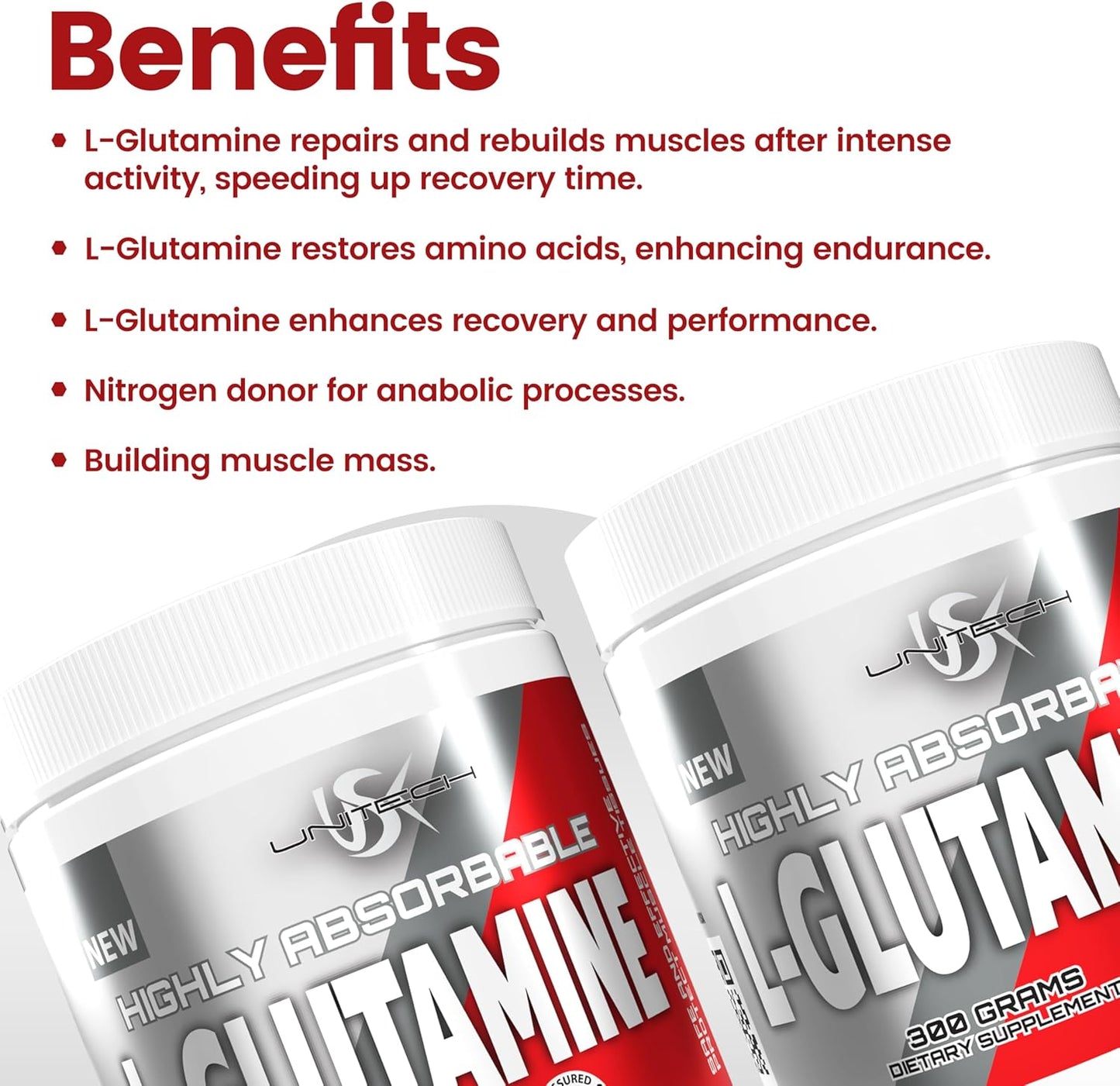 USK Unitech L-Glutamine Powder - Boost Muscle Recovery, Protein Synthesis, Digestive Health, Immunity, & pH Balance - Amino Acid Supplement for Fitness - 300g Easy-to-Mix Formula