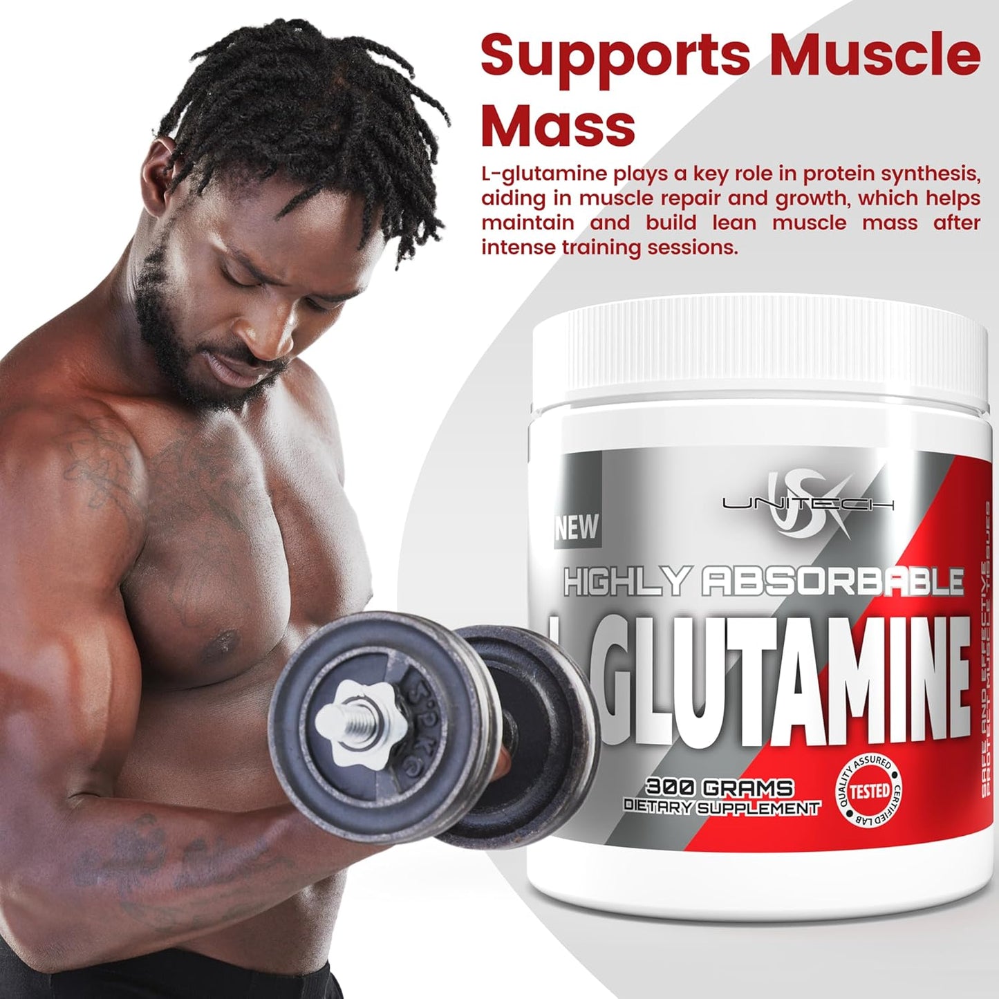 USK Unitech L-Glutamine Powder - Boost Muscle Recovery, Protein Synthesis, Digestive Health, Immunity, & pH Balance - Amino Acid Supplement for Fitness - 300g Easy-to-Mix Formula