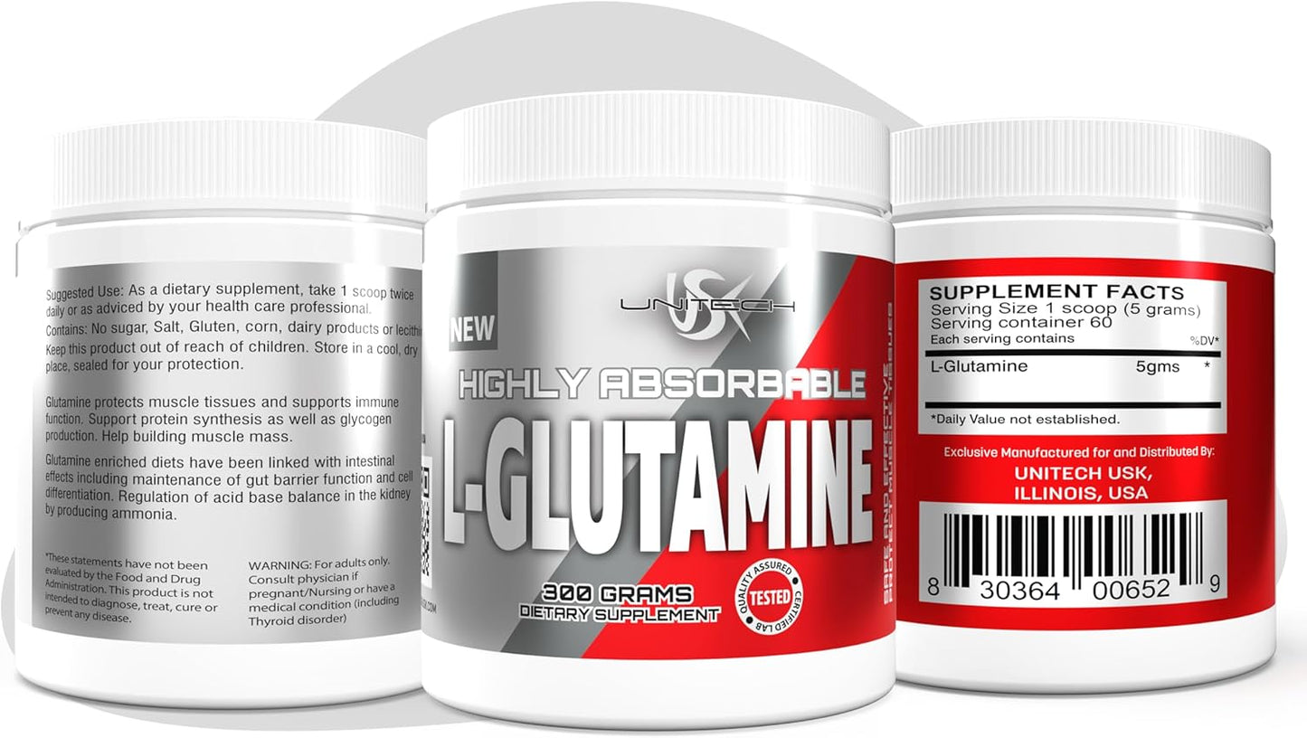 USK Unitech L-Glutamine Powder - Boost Muscle Recovery, Protein Synthesis, Digestive Health, Immunity, & pH Balance - Amino Acid Supplement for Fitness - 300g Easy-to-Mix Formula