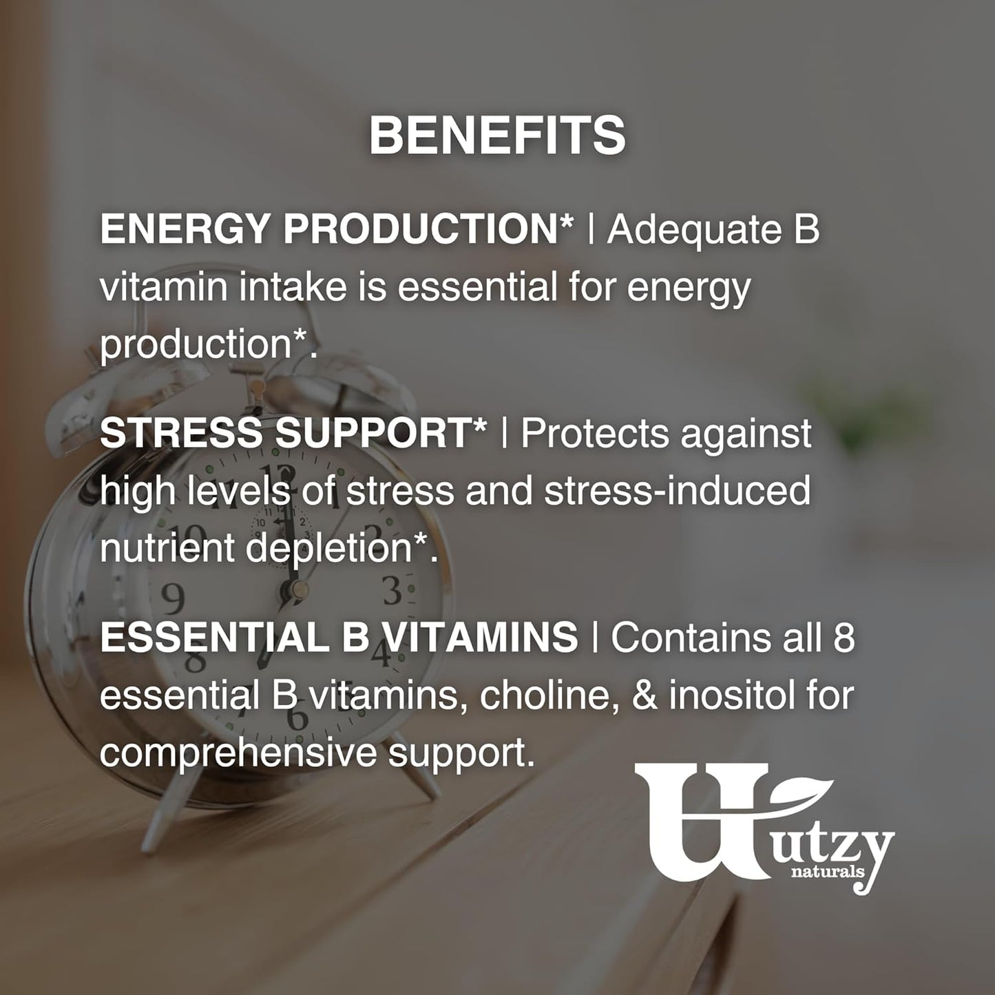 Utzy Naturals B Complex Supplement with Choline, Inositol, 60 Capsules - All 8 Essential B Vitamins