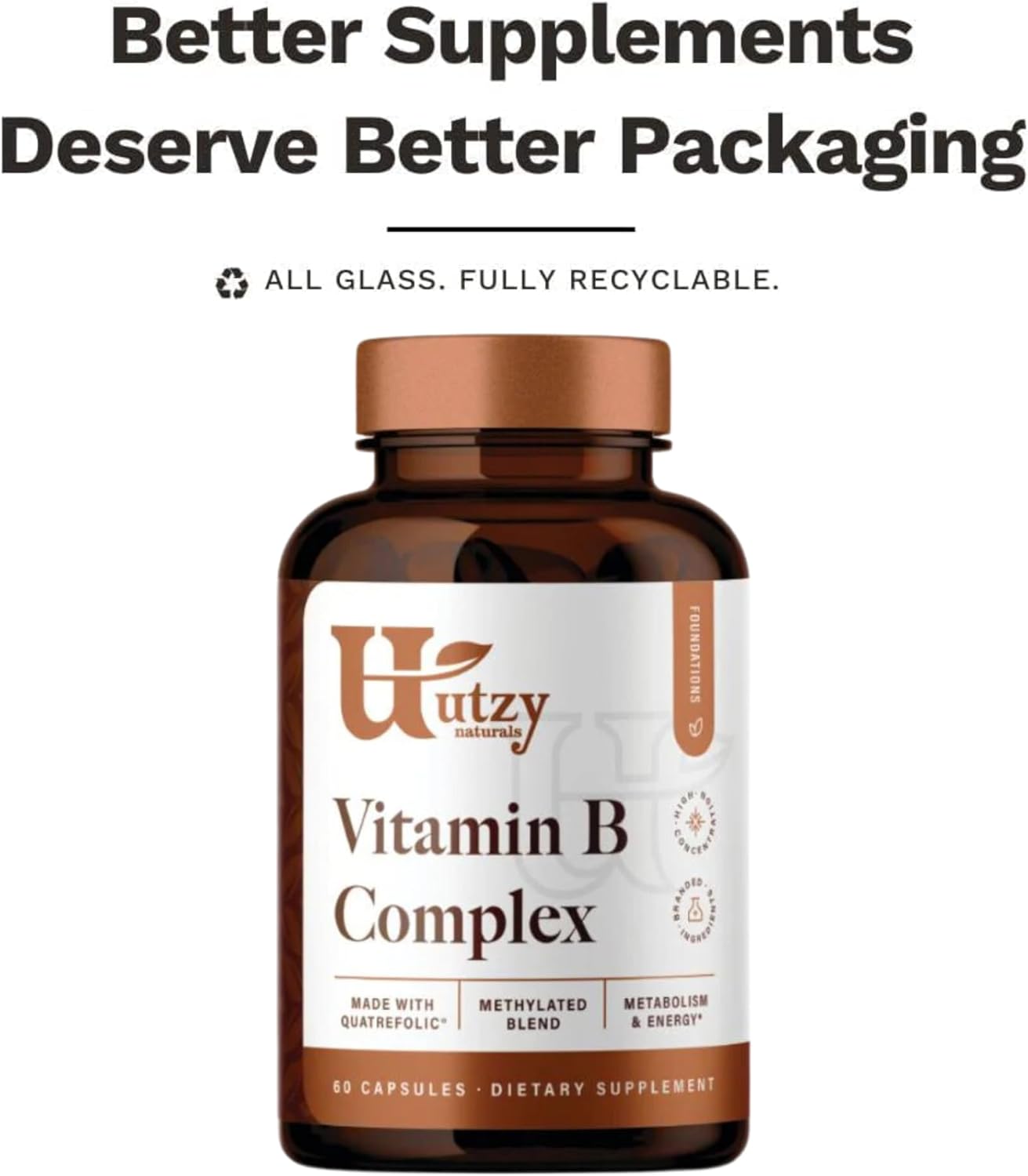 Utzy Naturals B Complex Supplement with Choline, Inositol, 60 Capsules - All 8 Essential B Vitamins