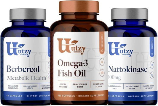 Utzy Naturals Berbercol Supplement with Citrus Bergamot, Berberine, Nattokinase, and Omega 3 Fish Oil - 500mg/100mg