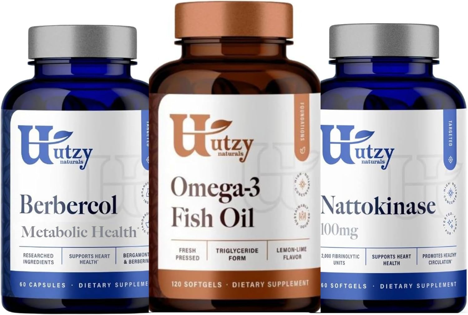 Utzy Naturals Berbercol Supplement with Citrus Bergamot, Berberine, Nattokinase, and Omega 3 Fish Oil - 500mg/100mg
