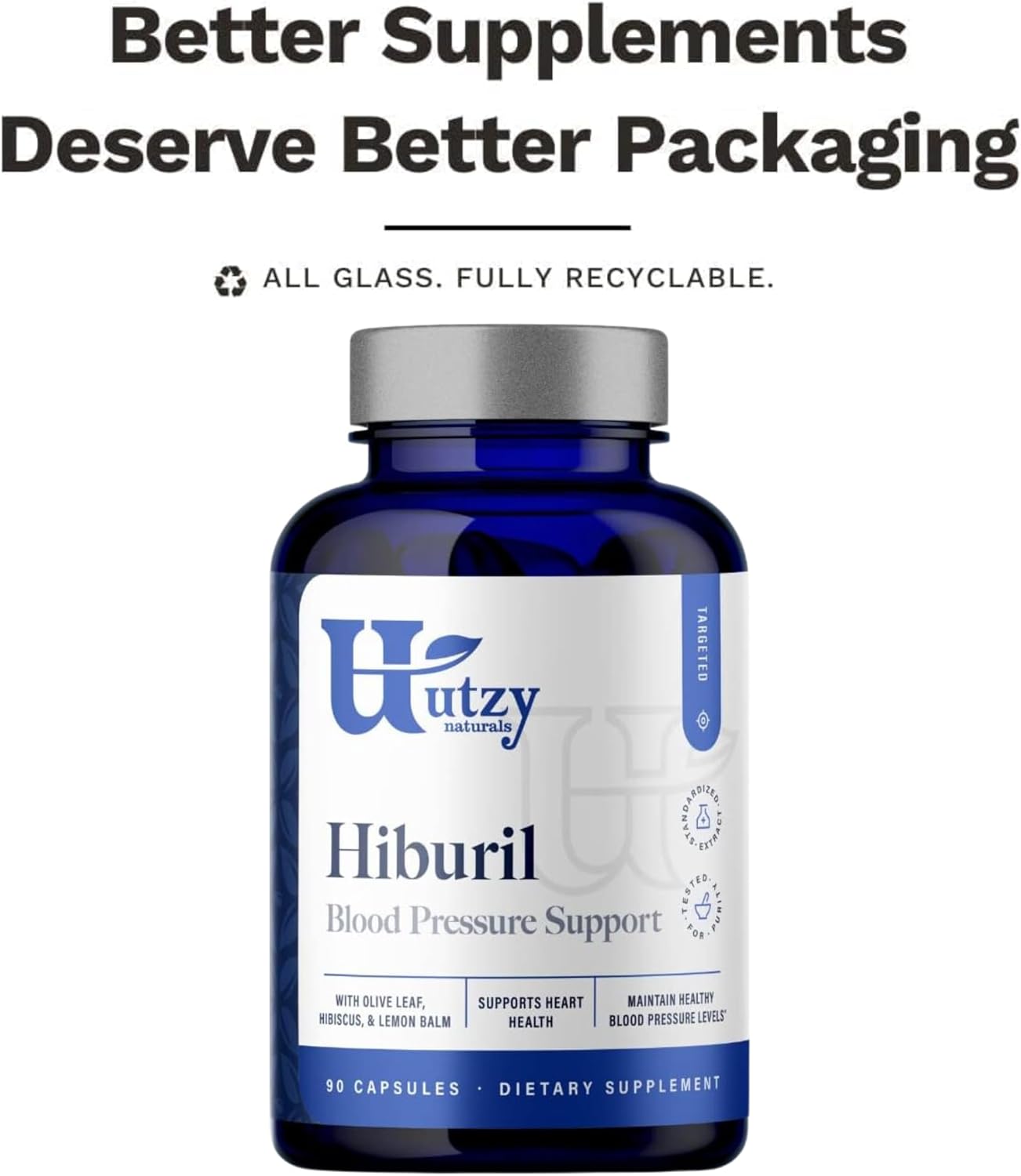 Utzy Naturals Hiburil | Support Healthy Blood Pressure | Olive Leaf, Hibiscus, Lemon Balm Extracts | 30 Servings