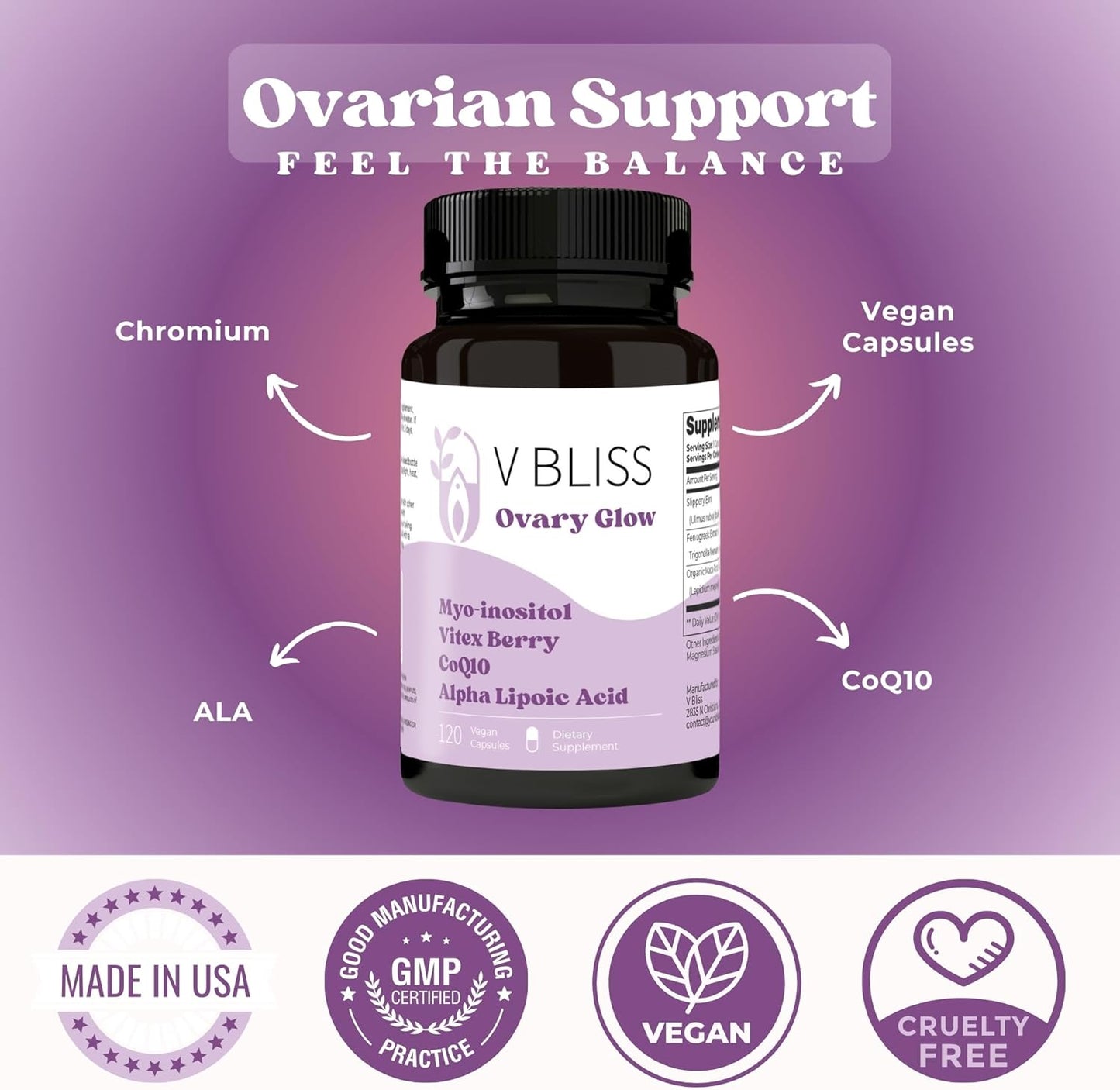 V Bliss Myo-inositol & Vitex Berry Capsules for Women | Hormone Balance, Ovarian & Fertility Support | CoQ10, Alpha-lipoic Acid, Chromium | Healthy Ovulation Support